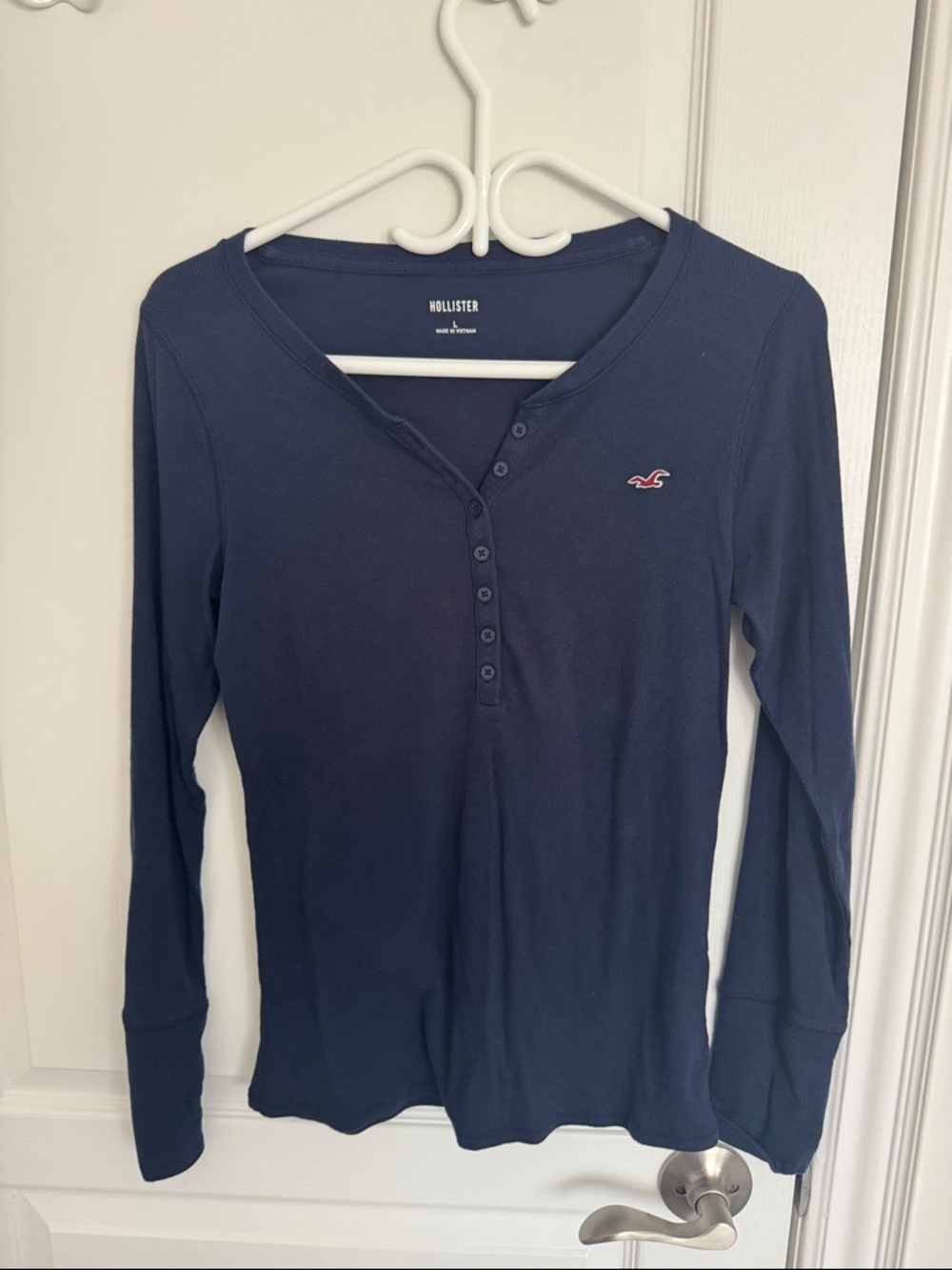 Hollister Navy Long-Sleeve Henley with Pink Logo